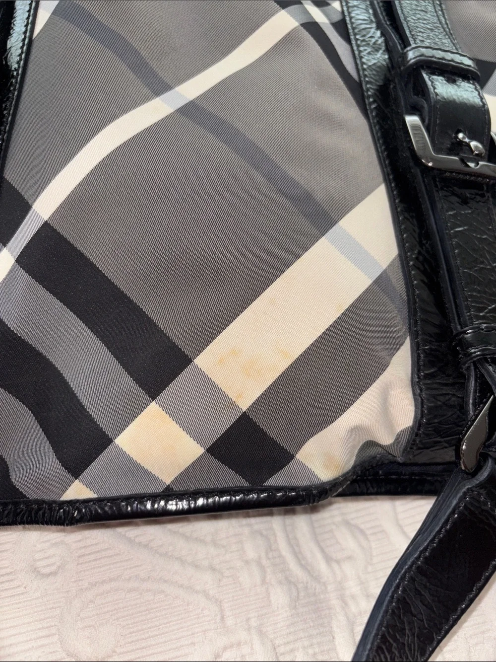 Burberry Black, Gray and Cream Plaid Tote with Leather Straps